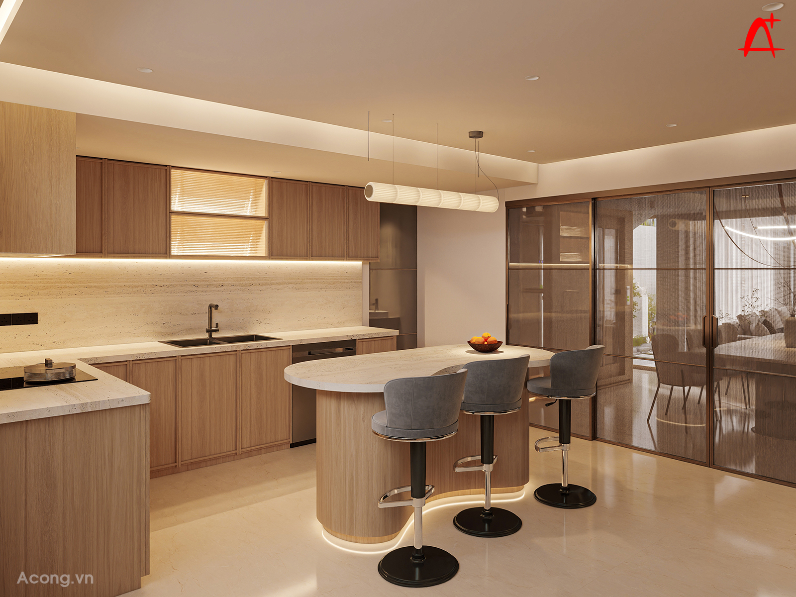 Hệ tủ bếp thiết kế tối giản, kết hợp đèn LED dưới tủ giúp tăng ánh sáng khi nấu nướng.